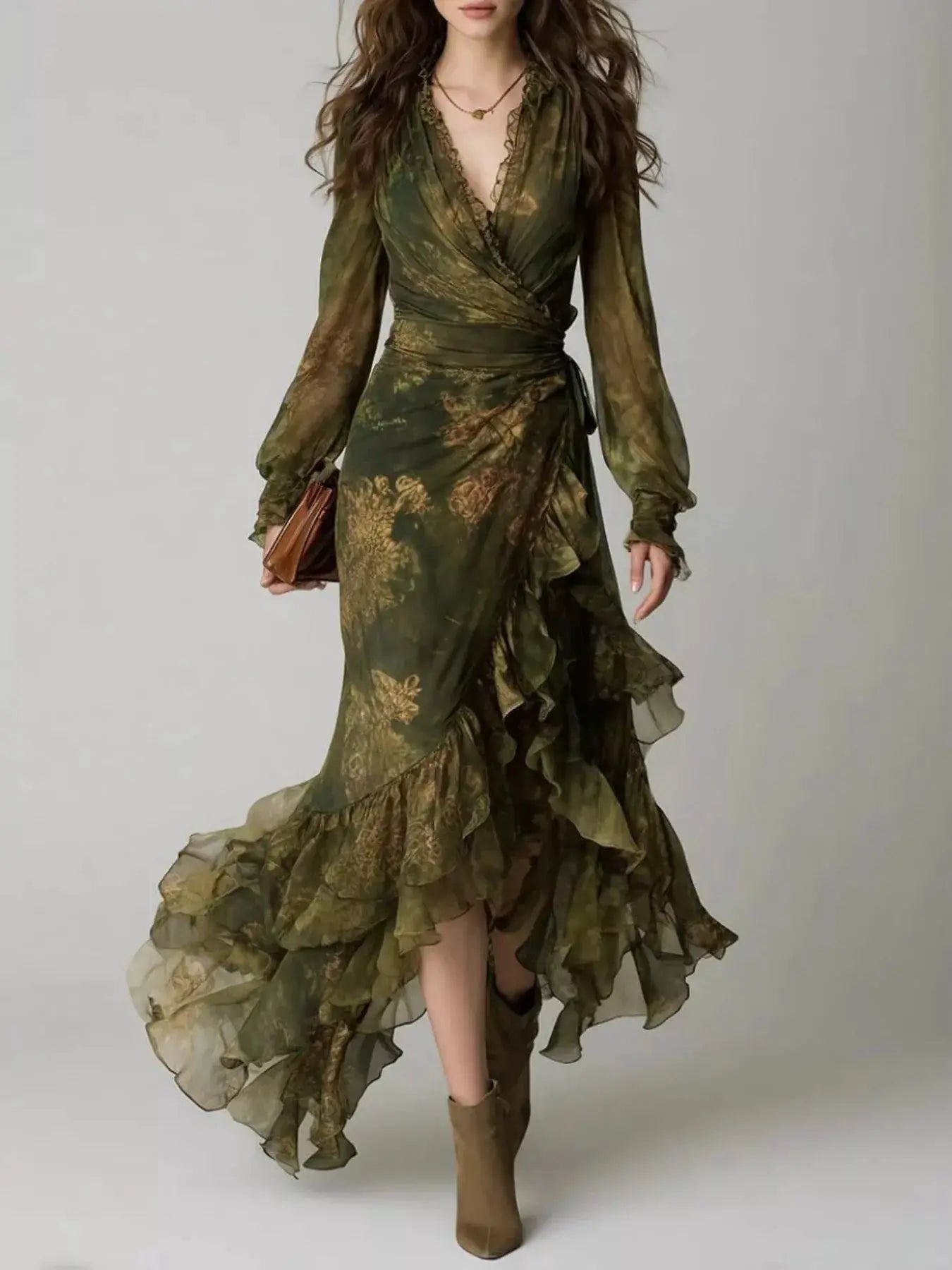 Floral Print Ruffle Hem Wrap Maxi Dress by Trendsi