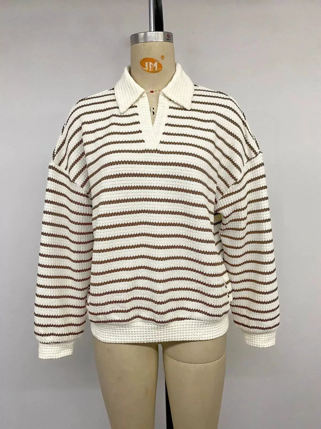 Striped Polo Collar Knit Sweatshirt by Trendsi