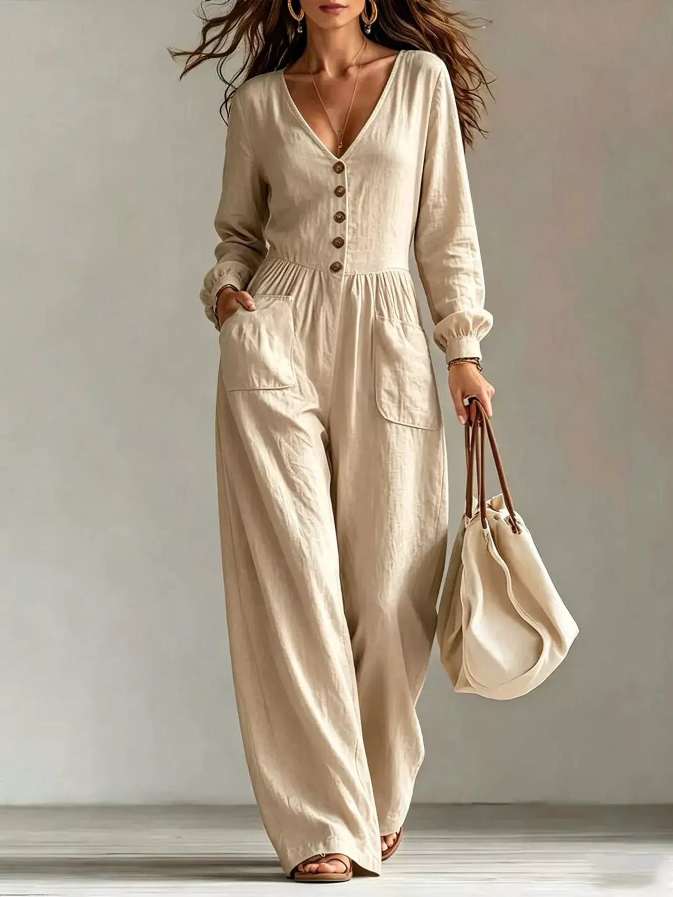 V-Neck Long Sleeve Button-Down Wide Leg Jumpsuit by Trendsi