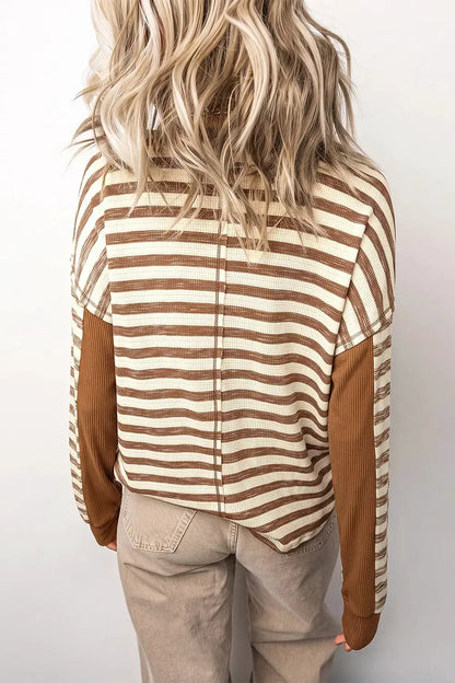 Stripe Textured Knit Color Block Trim Long Sleeve Round Neck Top by Trendsi