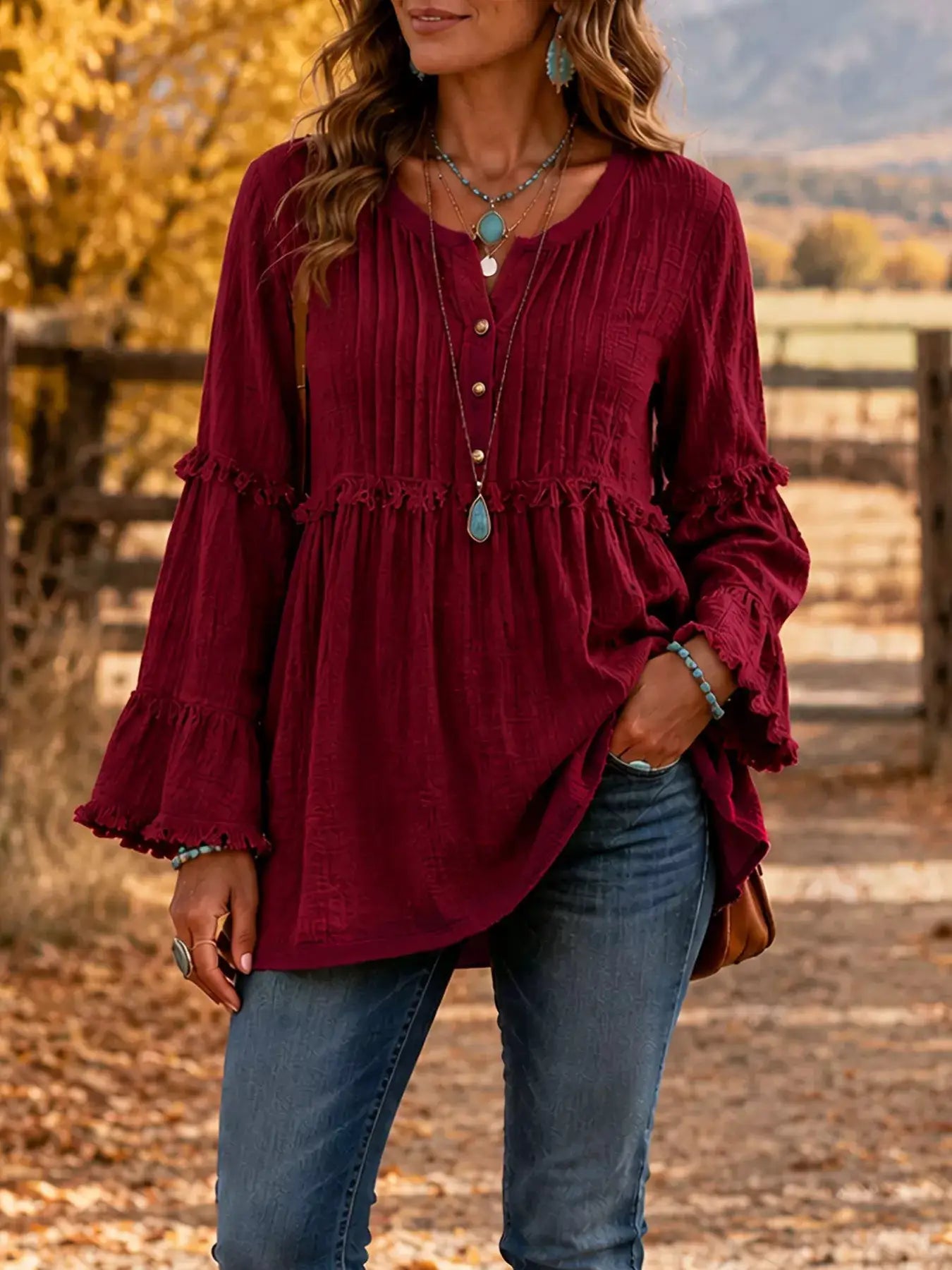 Full Size Frill Notched Long Sleeve Blouse Plus Size by Trendsi