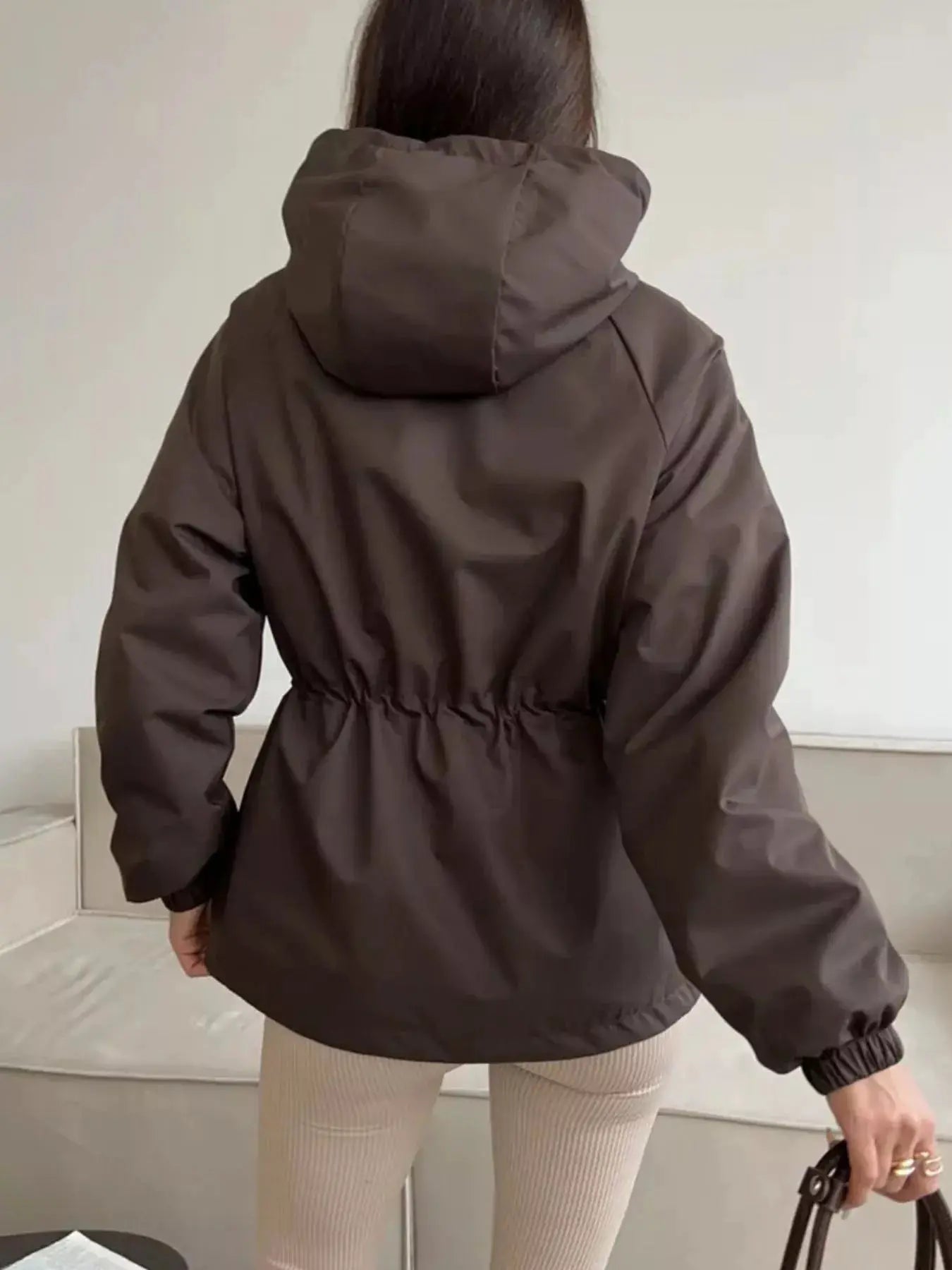 Drawstring Waist Hooded Windbreaker Outerwear by Trendsi