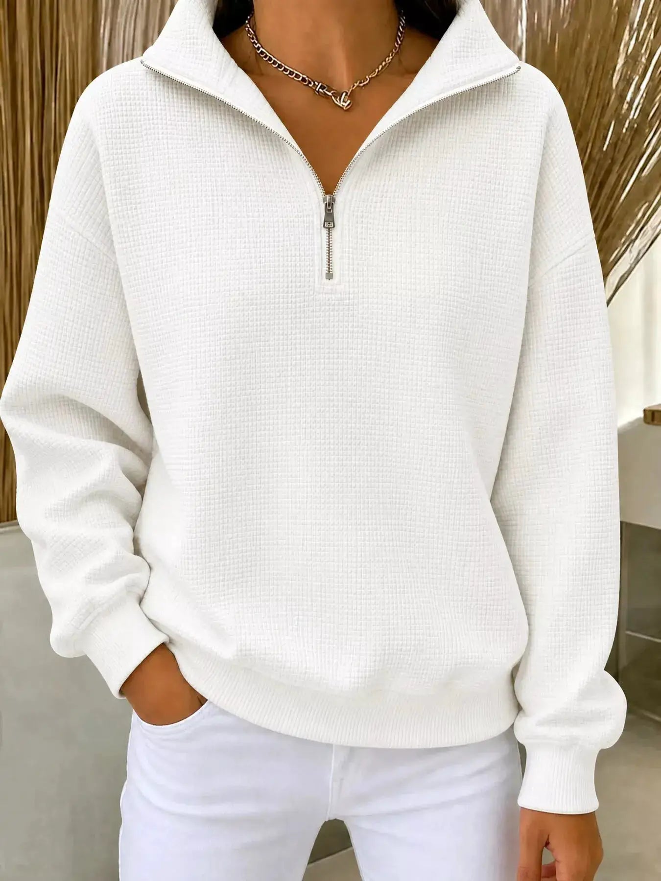 Full Size Waffle Knit Quarter-Zip Sweatshirt Plus Size by Trendsi