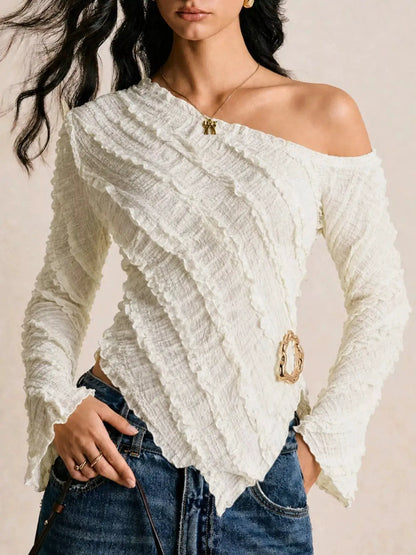 Textured Asymmetrical Hem One Shoulder Blouse by Trendsi