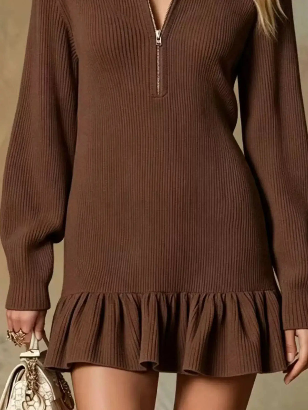 Ruffle Hem Half Zip Dress by Trendsi