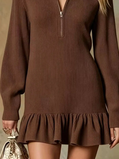 Ruffle Hem Half Zip Dress by Trendsi