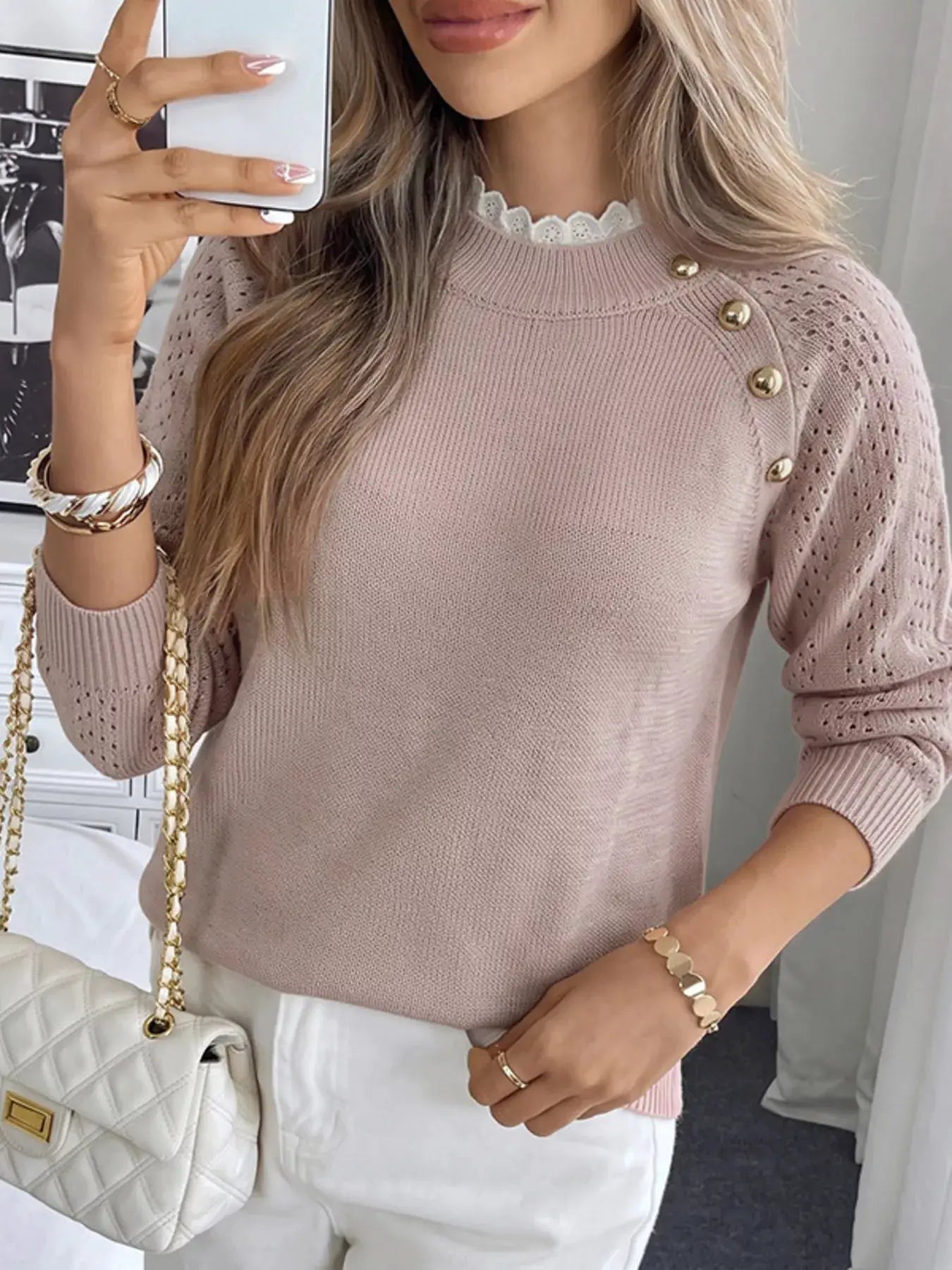 Openwork Mock Neck Sweater by Trendsi