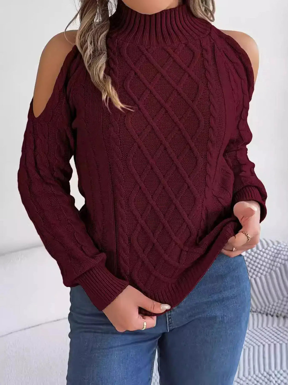 Cold-Shoulder Cable Knit Sweater by Trendsi