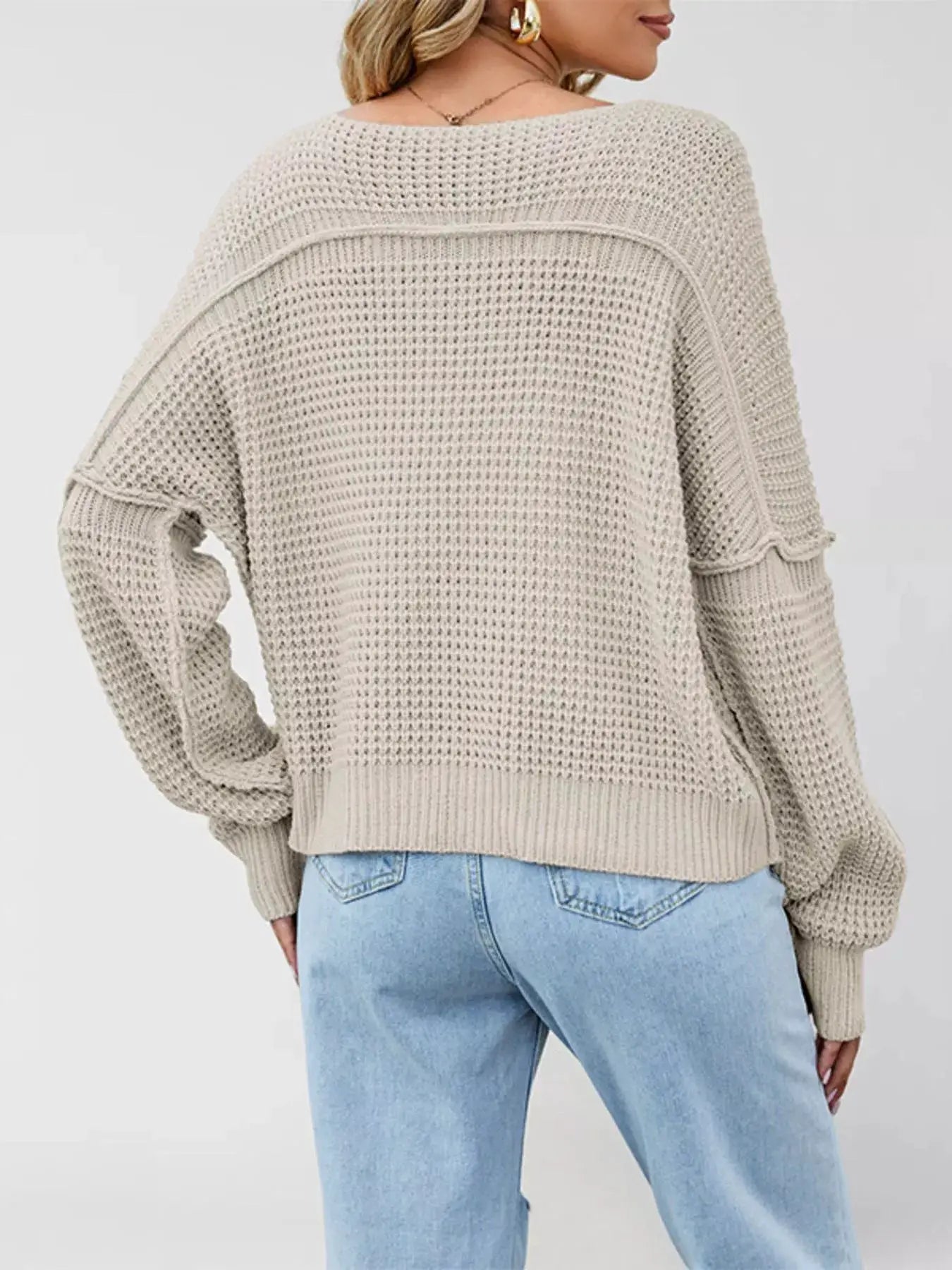 Waffle Knit Dropped Shoulder Sweater by Trendsi