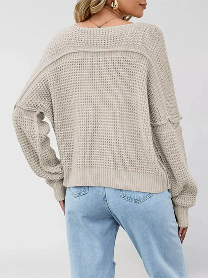 Waffle Knit Dropped Shoulder Sweater by Trendsi