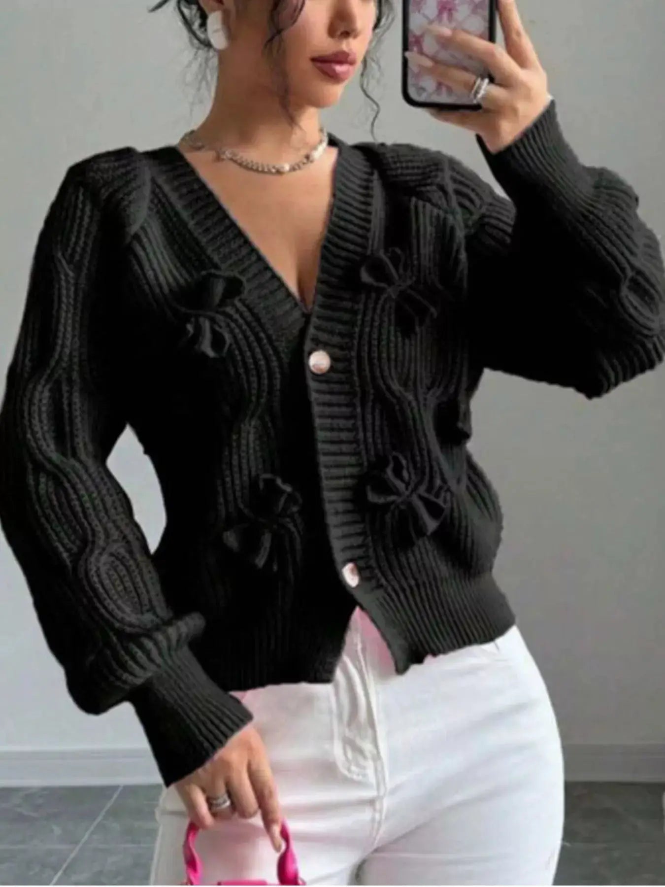 Bow Cable Knit V-Neck Cardigan by Trendsi