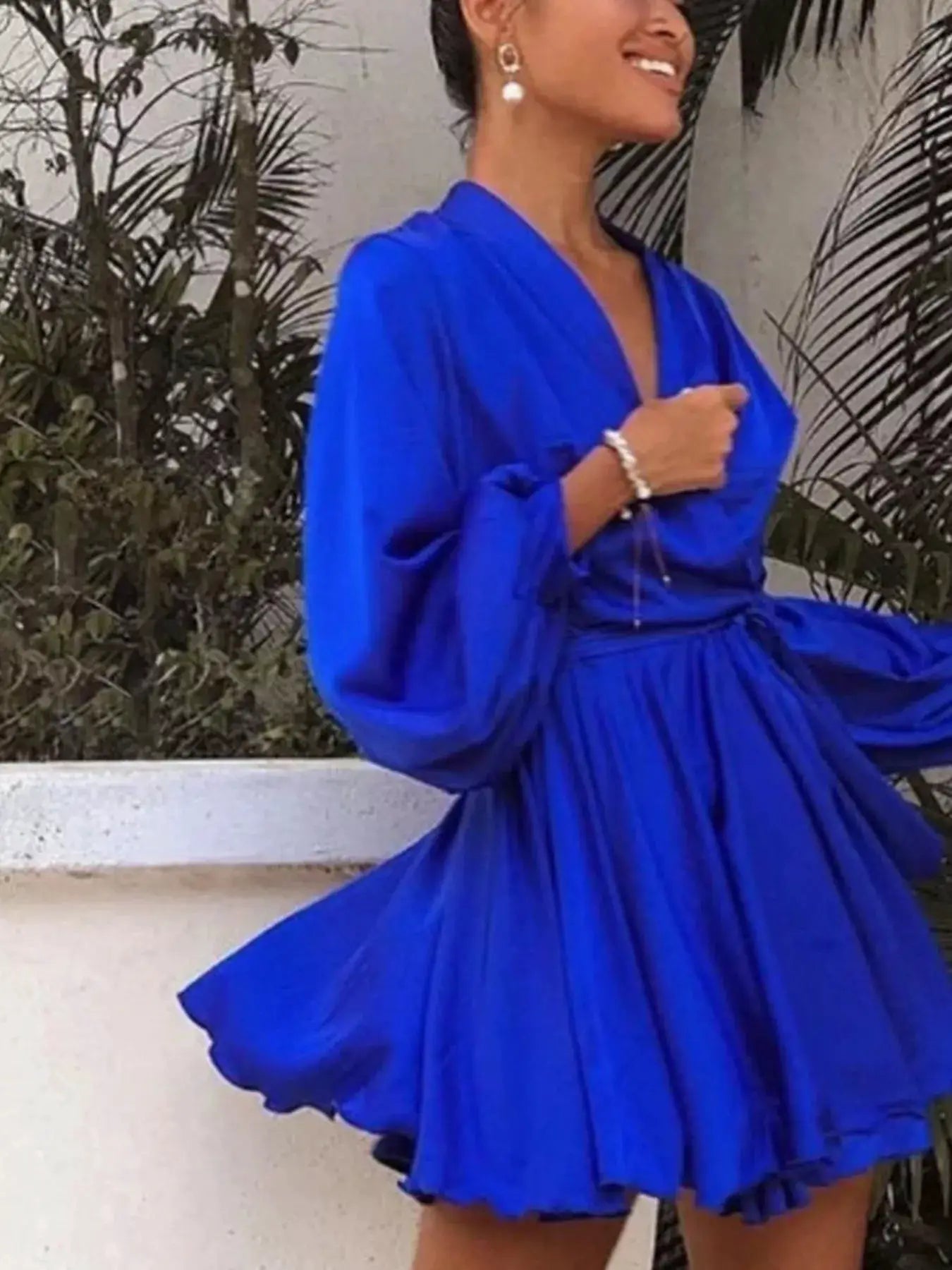 Satin Surplice Long Sleeve Mini Dress by Trendsi