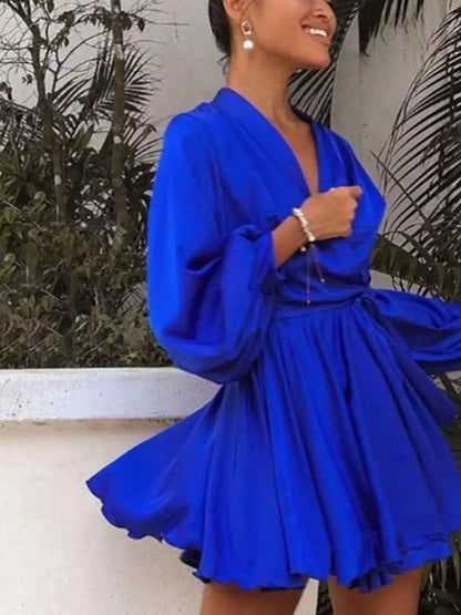 Satin Surplice Long Sleeve Mini Dress by Trendsi