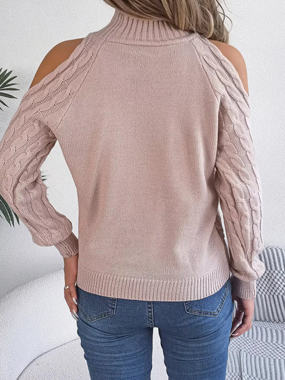 Cold-Shoulder Cable Knit Sweater by Trendsi