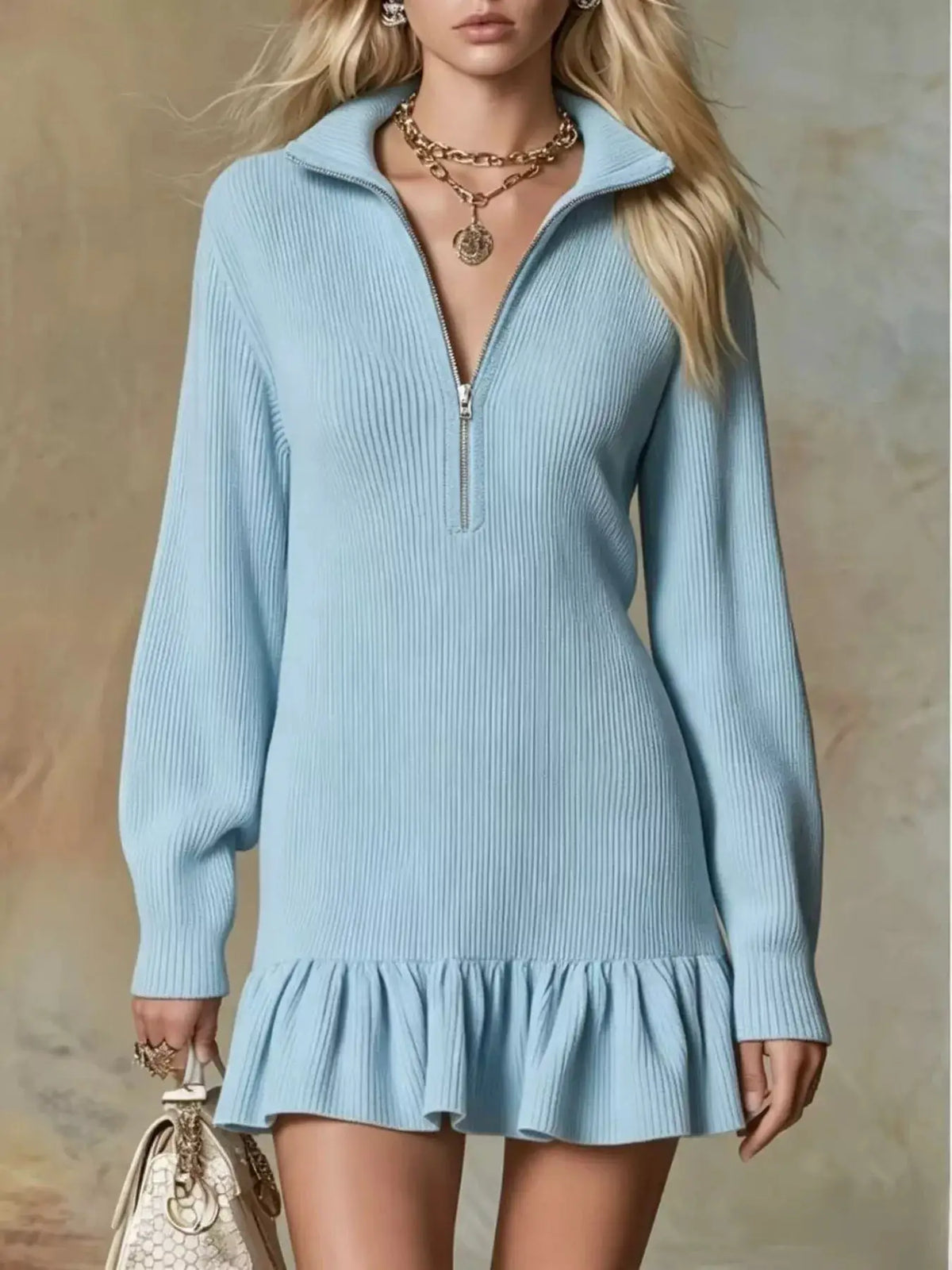 Ruffle Hem Half Zip Dress by Trendsi