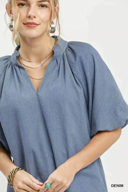 Umgee Chambray Scallop Hem Puff Sleeve Top by Trendsi