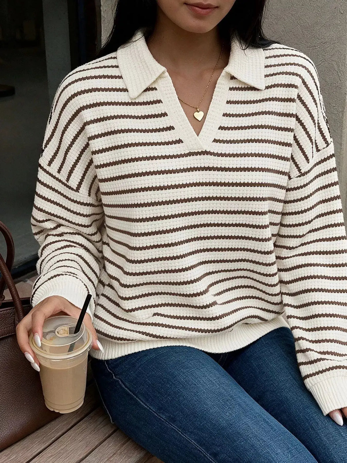 Striped Polo Collar Knit Sweatshirt by Trendsi