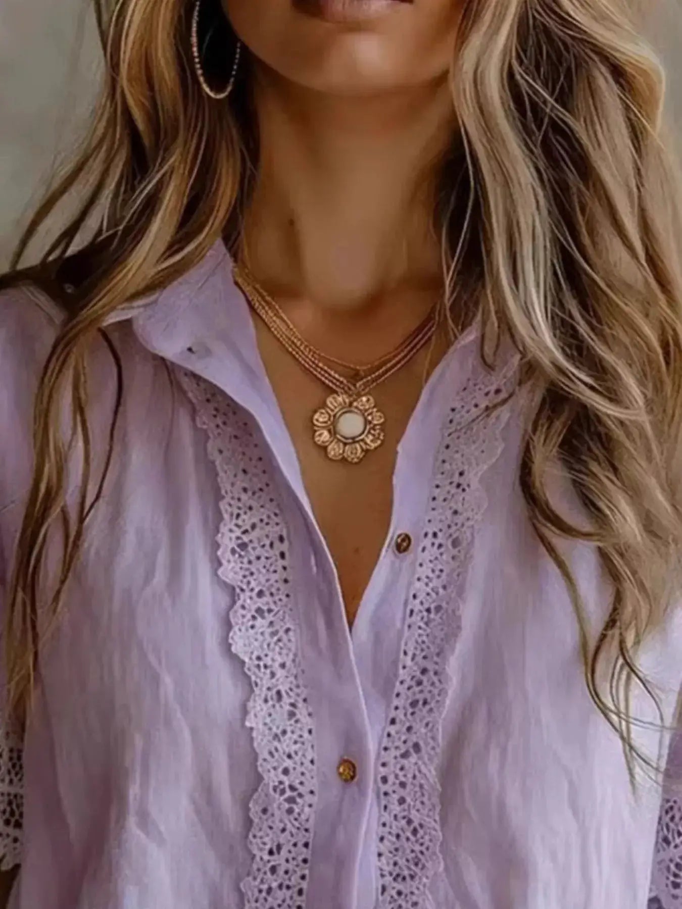 Lace-Trimmed Short Sleeve Button-Down Shirt by Trendsi