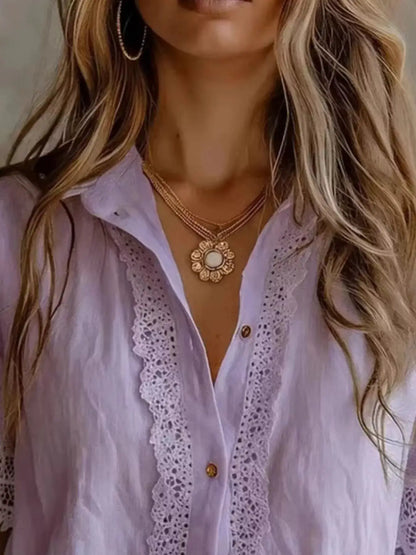 Lace-Trimmed Short Sleeve Button-Down Shirt by Trendsi