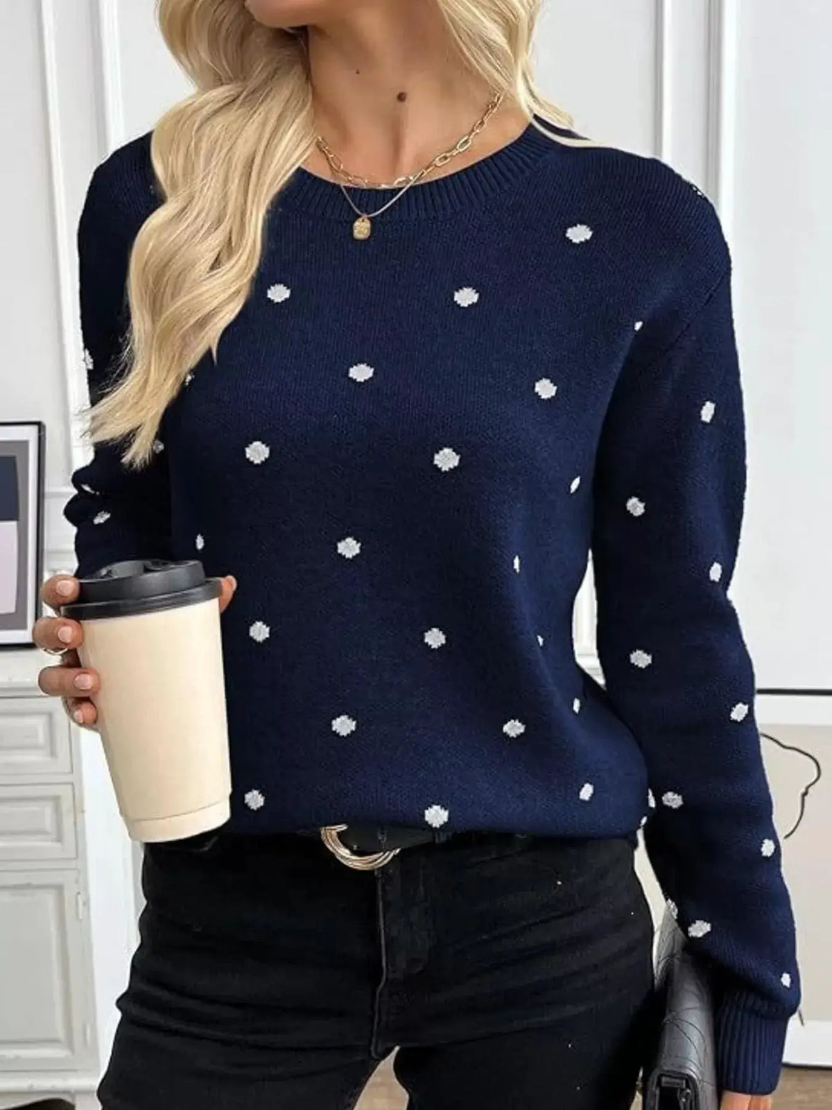 Polka Dot Crew Neck Sweater by Trendsi