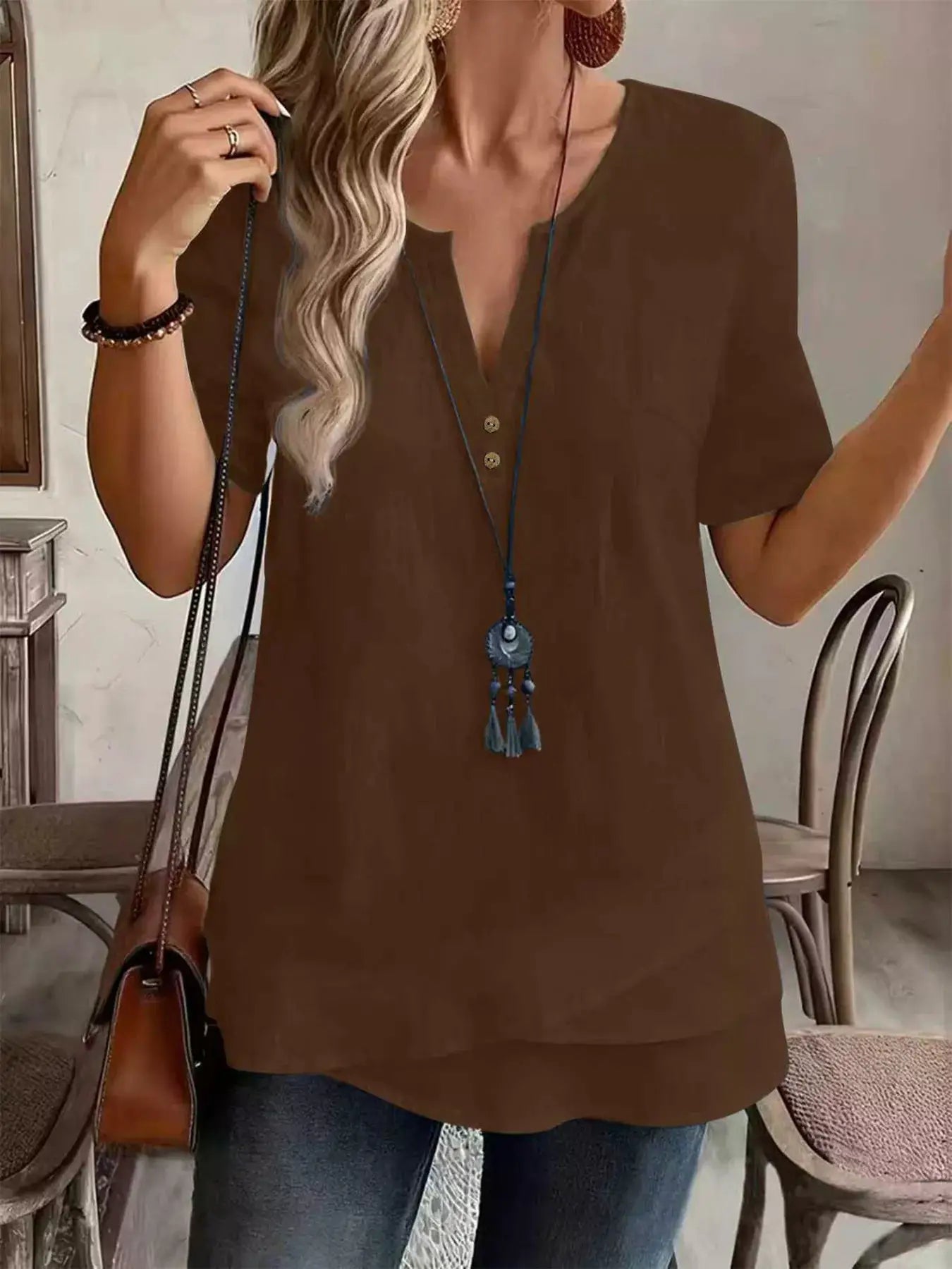 Notched Short Sleeve Blouse by Trendsi