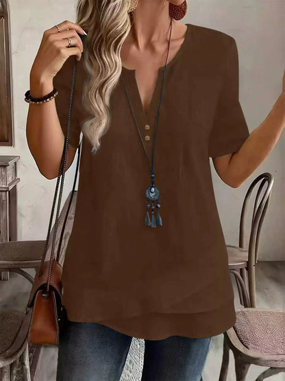Notched Short Sleeve Blouse by Trendsi