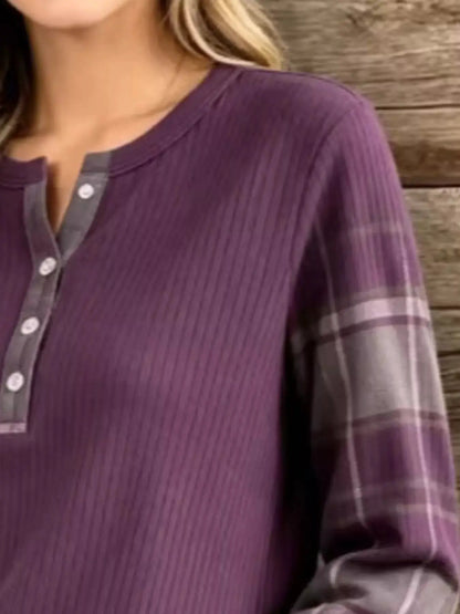Full Size Ribbed Knit Henley T-Shirt with Plaid Contrast Sleeves Plus Size by Trendsi