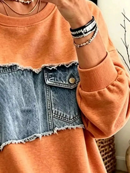 Full Size Denim Patchwork Dropped Shoulder Sweatshirt Plus Size by Trendsi