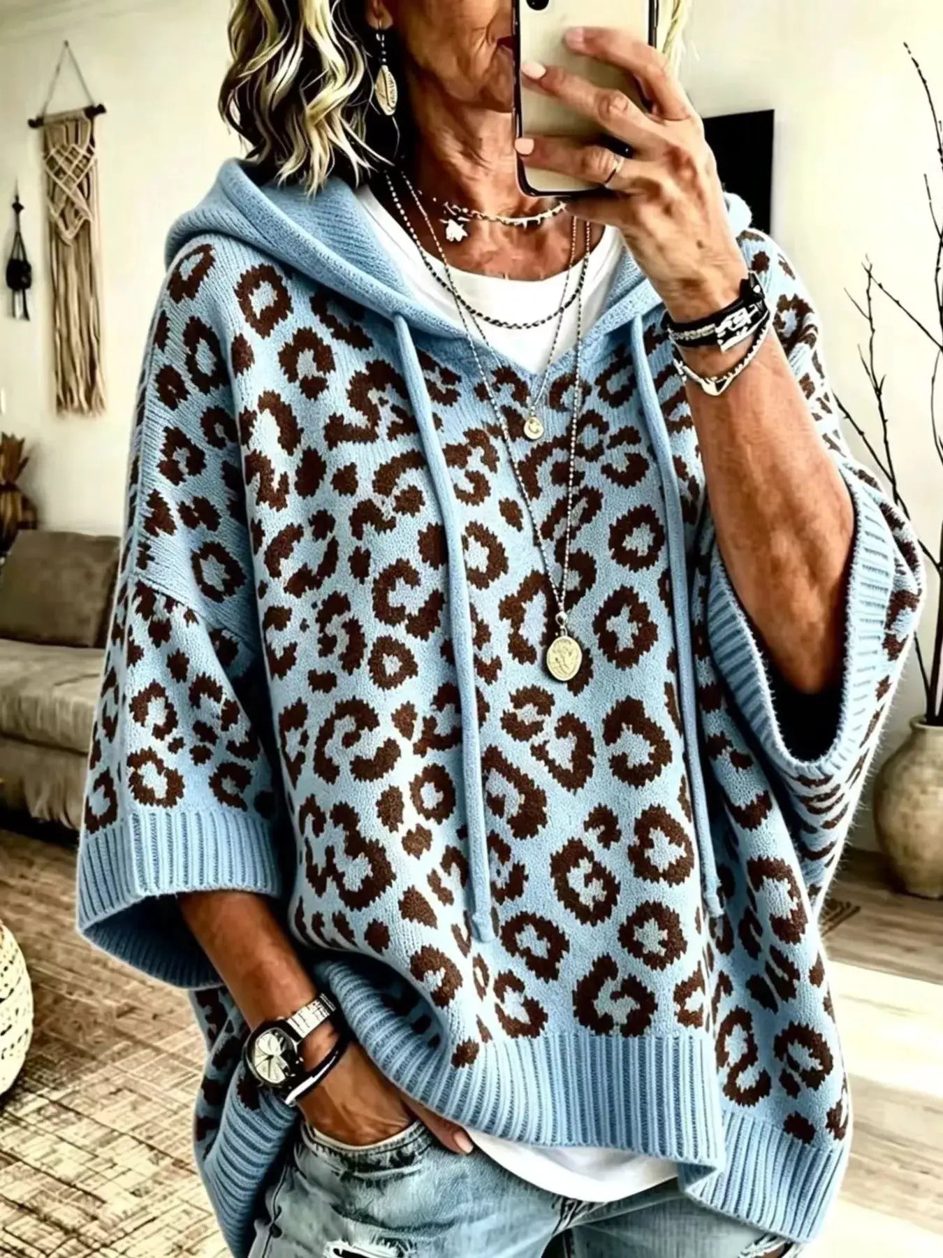 Drawstring Leopard Hooded Sweater by Trendsi