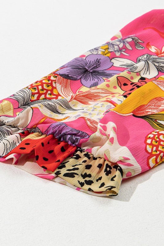 Abstract Buttoned Ruffle Bubble Sleeve Shirt - Bitsy Gypsy Boutique