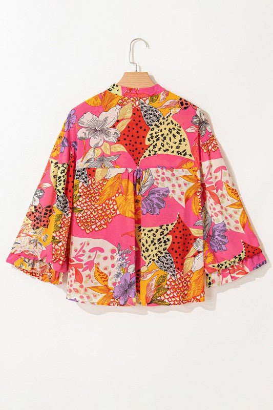 Abstract Buttoned Ruffle Bubble Sleeve Shirt - Bitsy Gypsy Boutique