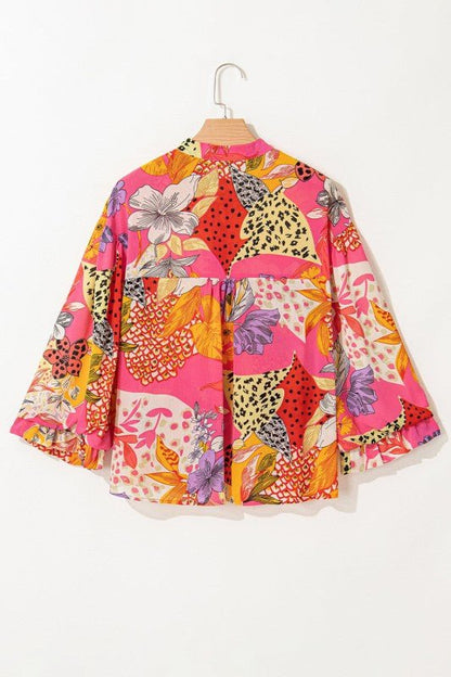 Abstract Buttoned Ruffle Bubble Sleeve Shirt - Bitsy Gypsy Boutique