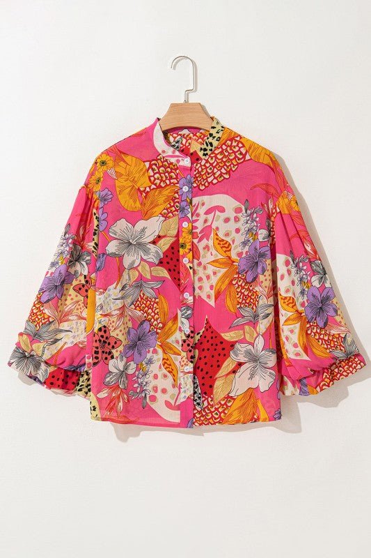 Abstract Buttoned Ruffle Bubble Sleeve Shirt - Bitsy Gypsy Boutique
