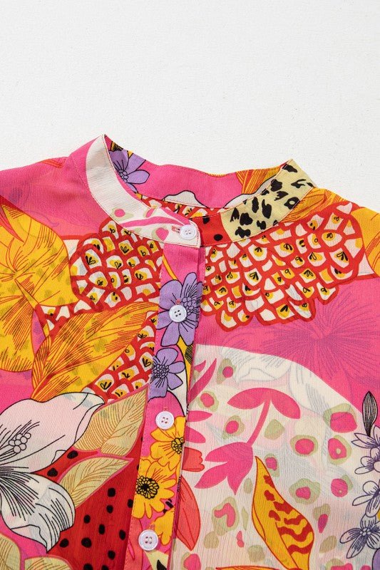 Abstract Buttoned Ruffle Bubble Sleeve Shirt - Bitsy Gypsy Boutique