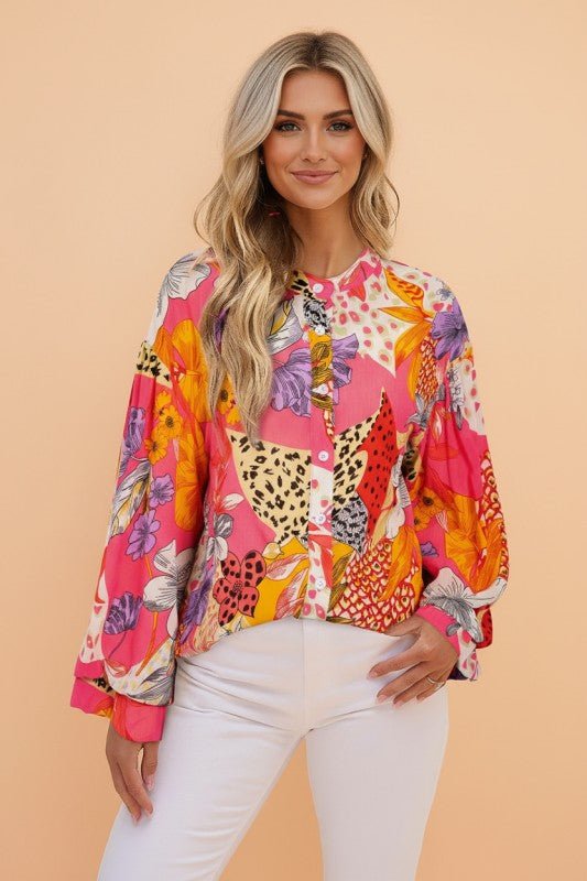 Abstract Buttoned Ruffle Bubble Sleeve Shirt - Bitsy Gypsy Boutique