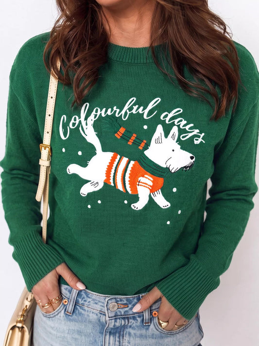 Abstract Dog Embroidery Christmas Round Neck Sweater - Bitsy Gypsy Boutique