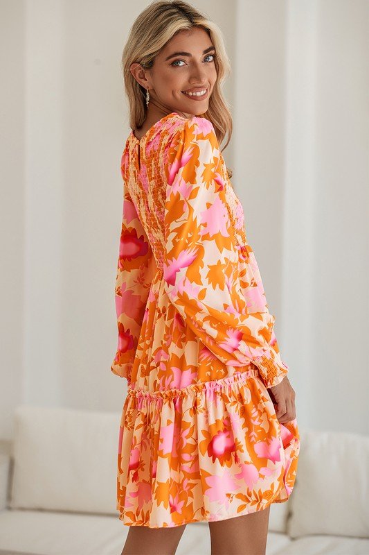 Abstract Smocked Bust Lantern Ruffle Mini Dress - Bitsy Gypsy Boutique