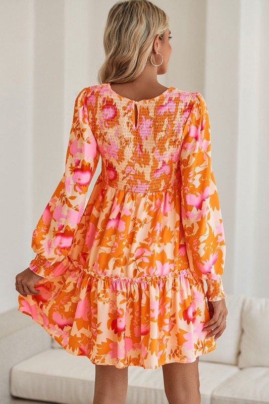 Abstract Smocked Bust Lantern Ruffle Mini Dress - Bitsy Gypsy Boutique