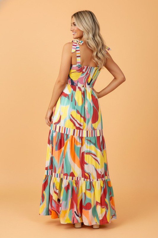 Abstract Stripe Patchwork Tie Strap Maxi Dress - Bitsy Gypsy Boutique