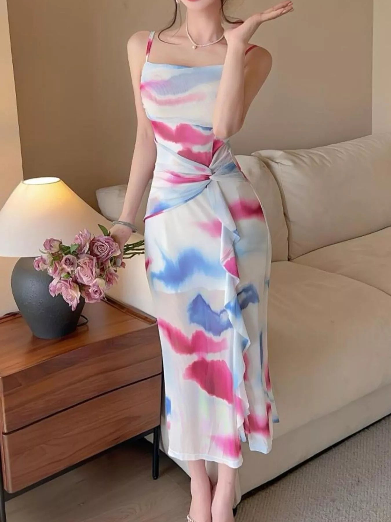 Abstract Watercolor Print Ruched Midi Dress - Bitsy Gypsy Boutique