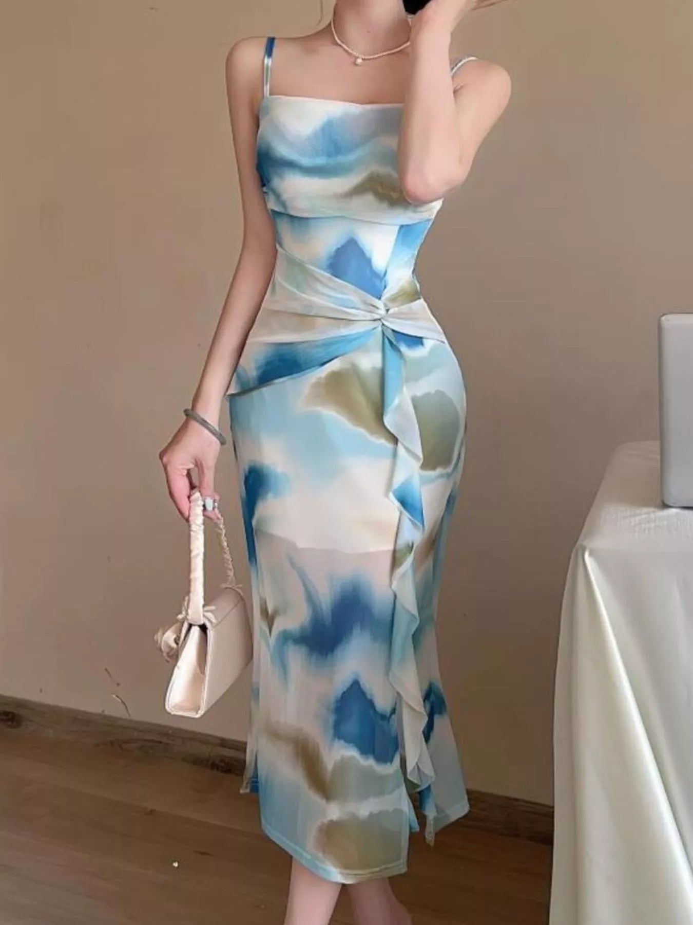 Abstract Watercolor Print Ruched Midi Dress - Bitsy Gypsy Boutique