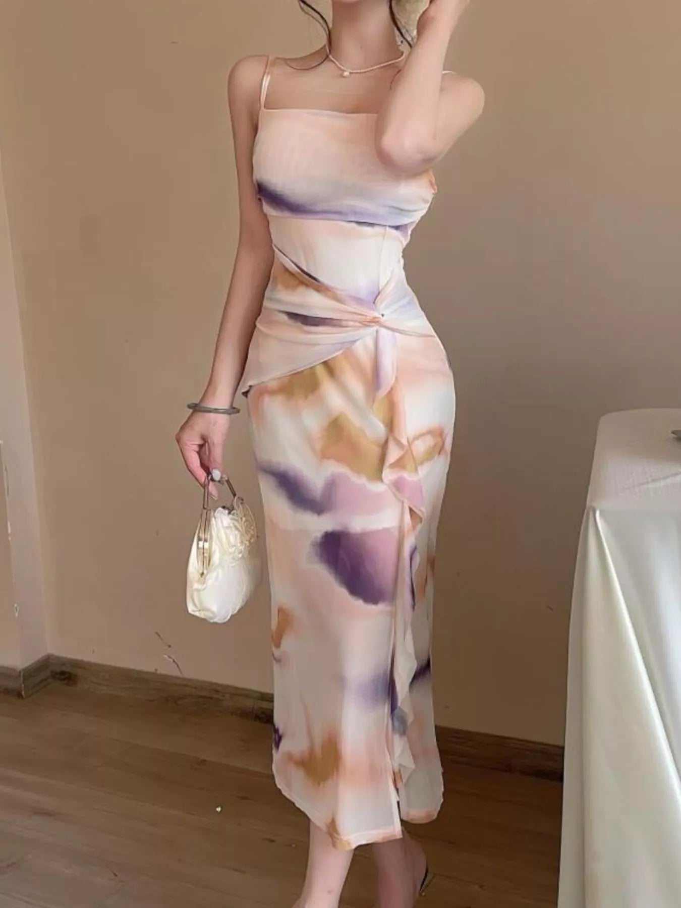 Abstract Watercolor Print Ruched Midi Dress - Bitsy Gypsy Boutique
