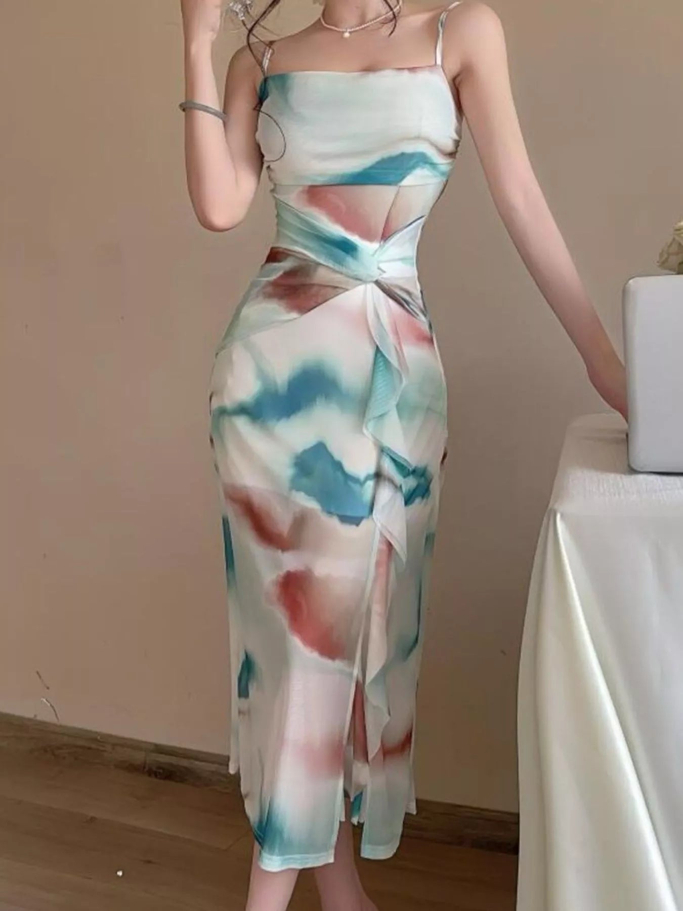 Abstract Watercolor Print Ruched Midi Dress - Bitsy Gypsy Boutique