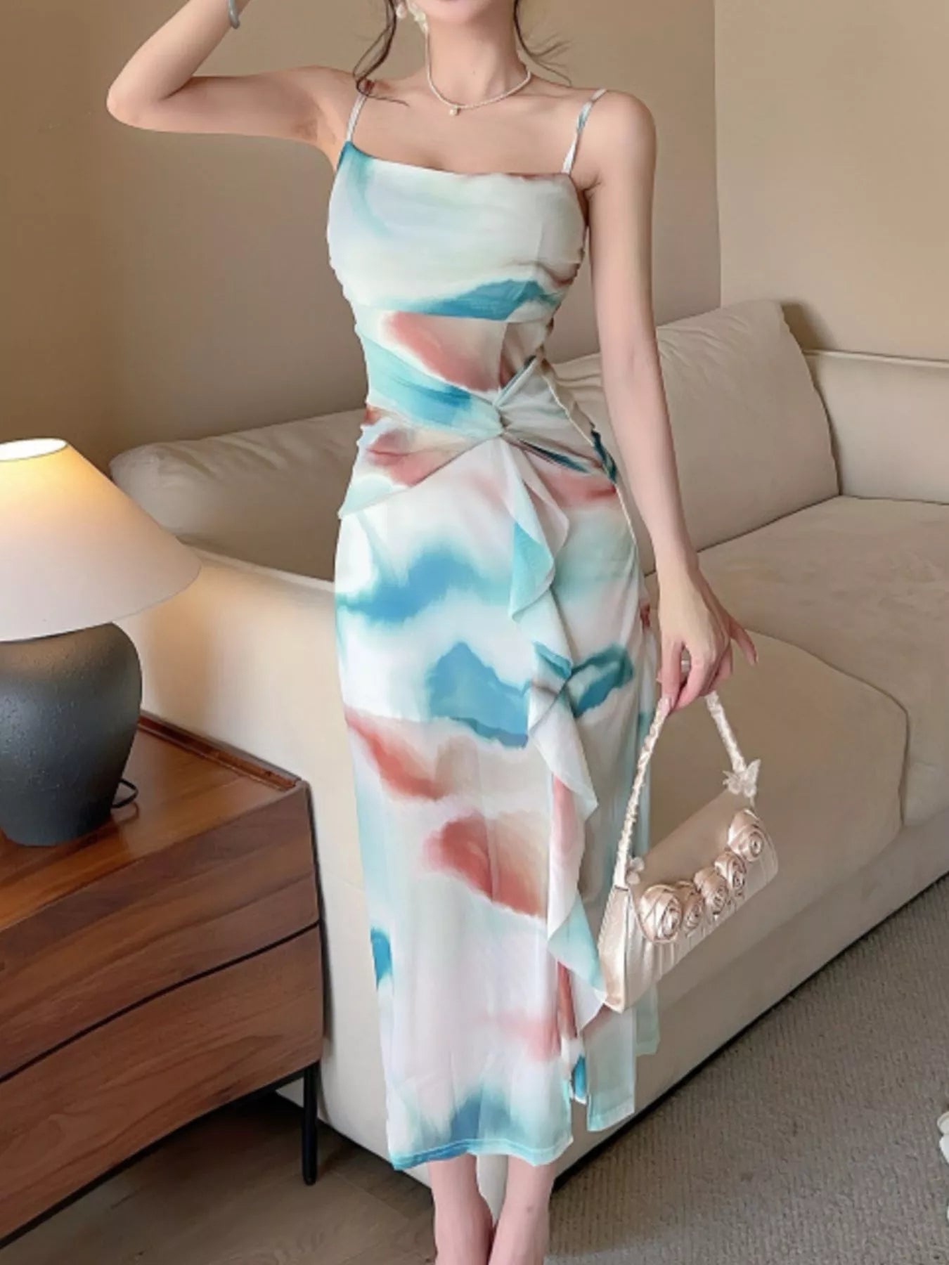 Abstract Watercolor Print Ruched Midi Dress - Bitsy Gypsy Boutique