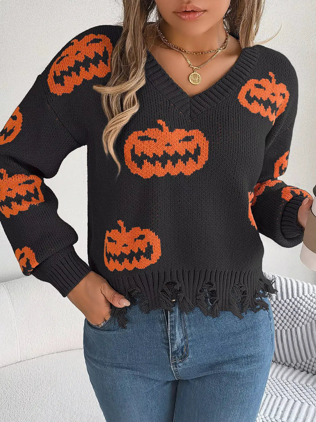 Pumpkin Distressed Hem Sweater by Trendsi
