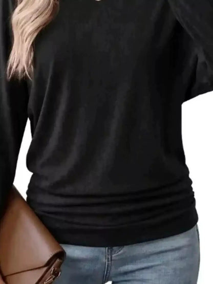 Long Sleeve Crew Neck Casual T-Shirt with Ruched Hem by Trendsi