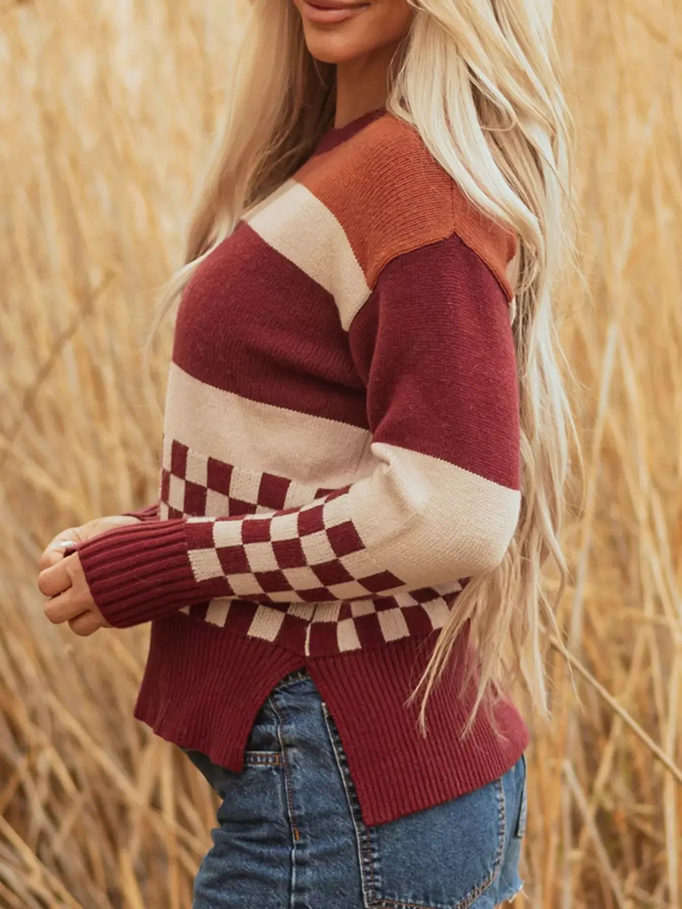 Checkered Color Block Knitted Drop Shoulder Sweater by Trendsi