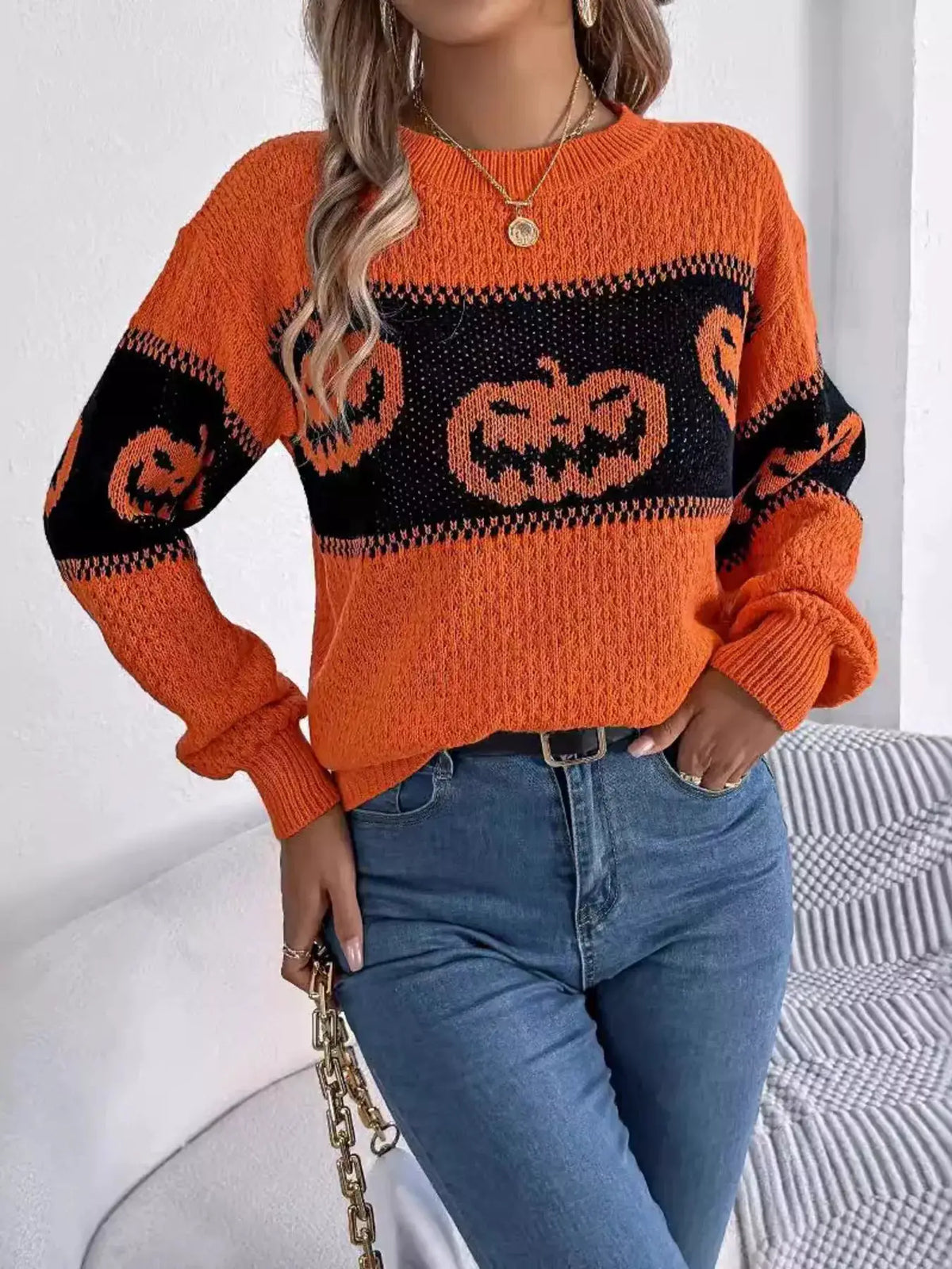 Halloween Pumpkin Pattern Round Neck Sweater by Trendsi