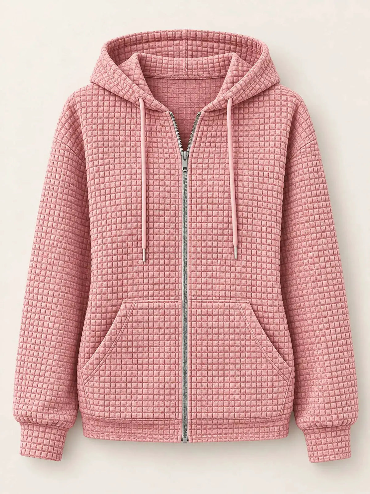 Waffle Knit Zip-Up Hoodie with Drawstring and Pockets by Trendsi