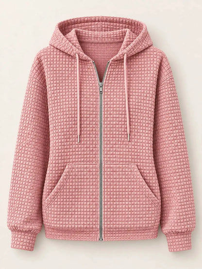 Waffle Knit Zip-Up Hoodie with Drawstring and Pockets by Trendsi
